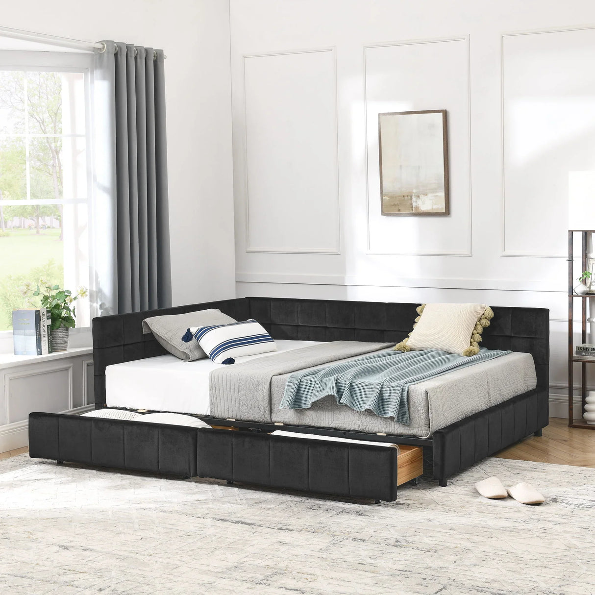 Mid-Century Storage Upholstered Tufted Bed Frame With Backrest And Armrests - Furniture Home Direct