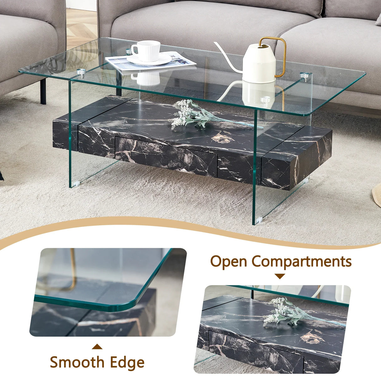 Coffee Table Two-Tier Glass With Solid Marble Base Black - Furniture Home Direct