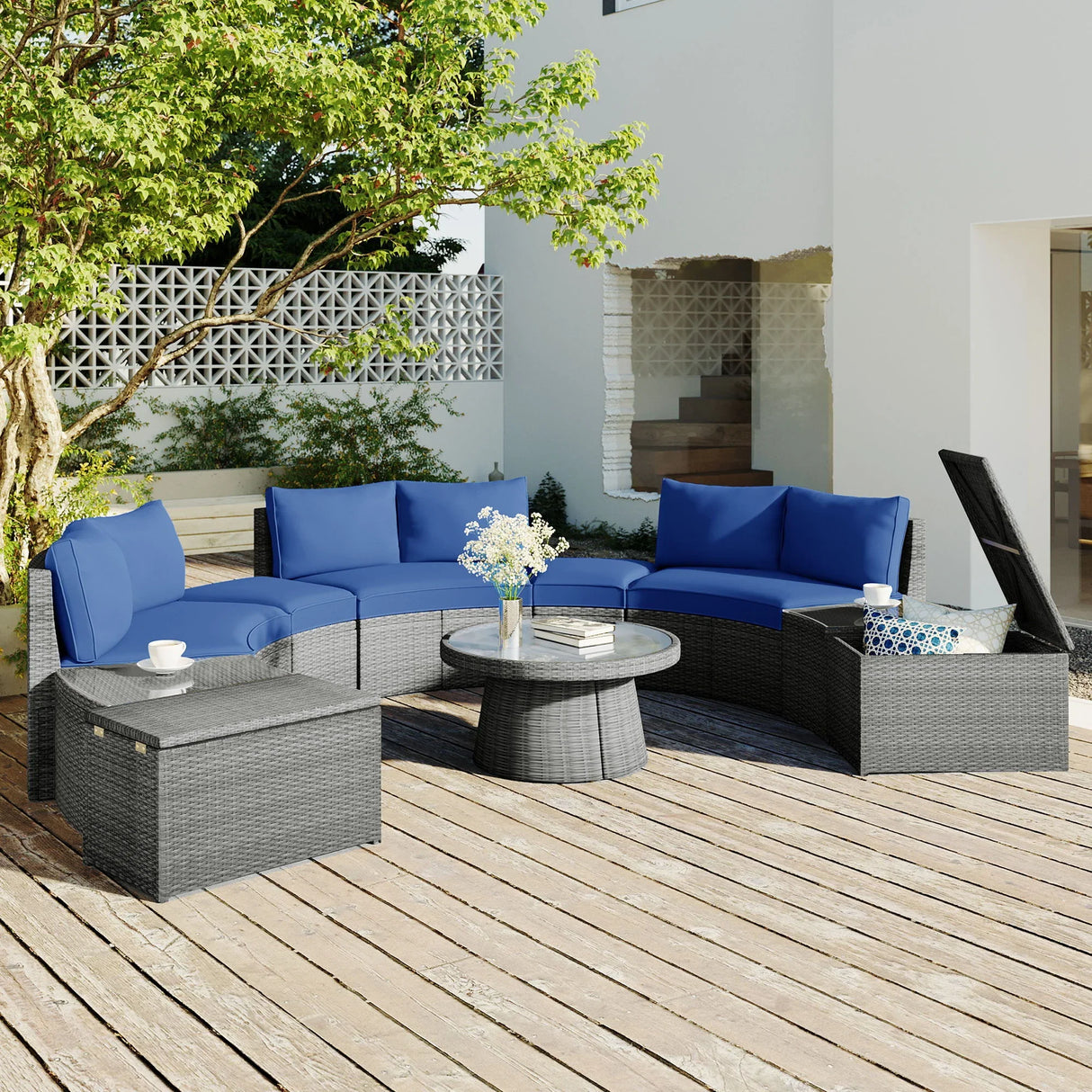 10 Piece Outdoor Sectional Half Round Patio Rattan Sofa Set - Furniture Home Direct