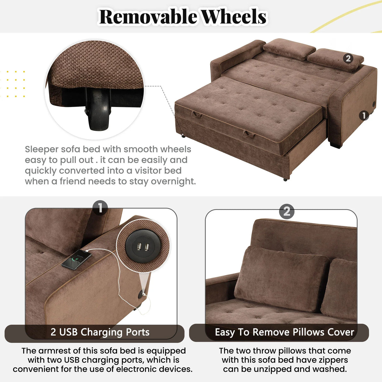 66.5" Upholstered Loveseat With Pull Out Bed, Two Throw Pillows, Dual USB Charging Port and Adjustable Backrest - Brown - Furniture Home Direct