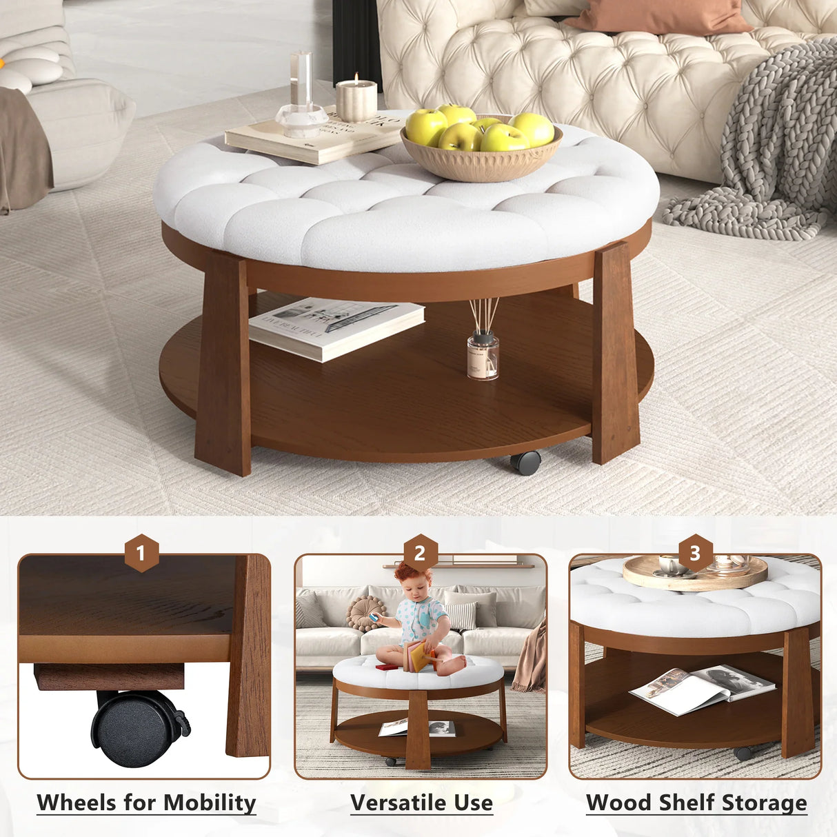 Round Ottoman Coffee Table with Upholstered Top Ivory White - Furniture Home Direct