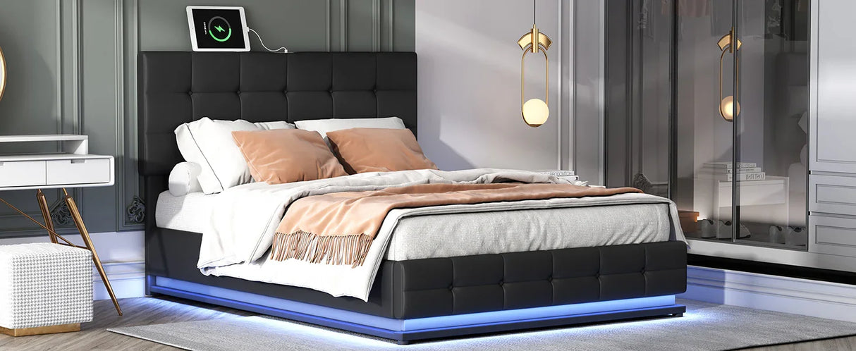 Queen Platform Bed Tufted Upholstered Storage Led Black - Furniture Home Direct