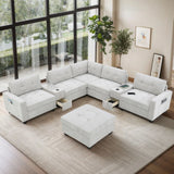 Sectional With Acrylic Table Top U Shaped Couch Set With 2 Consoles USB Charger, Storage Drawers And Pockets Movable Ottoman Tufted Sofa - Furniture Home Direct