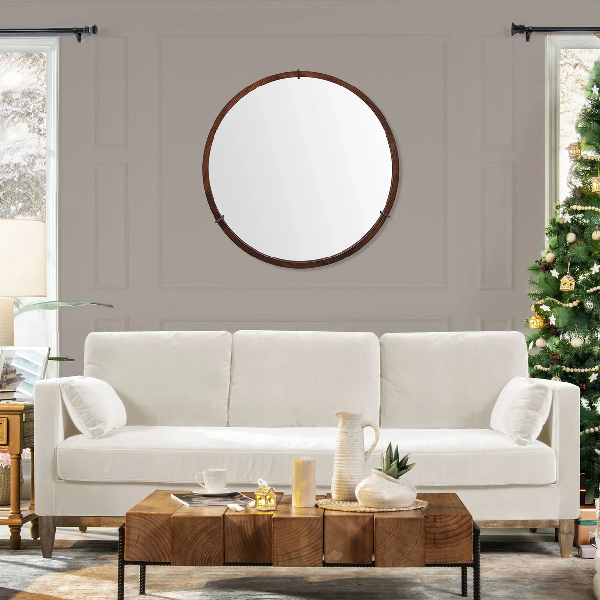 Hausen - Mid-Century Modern Round Accent Wall Mirror - Brown Walnut - Furniture Home Direct