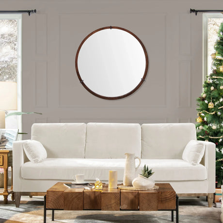 Hausen - Mid-Century Modern Round Accent Wall Mirror - Brown Walnut - Furniture Home Direct