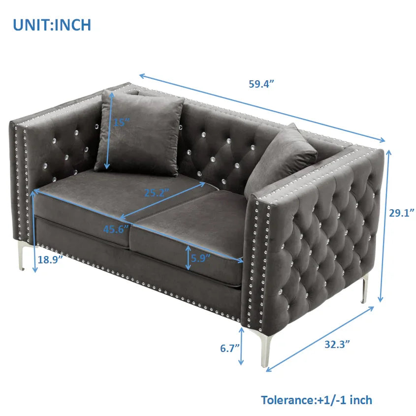 2 Piece Velvet Living Room Set with Sofa and Loveseat and 4 Pillows - Gray - Furniture Home Direct