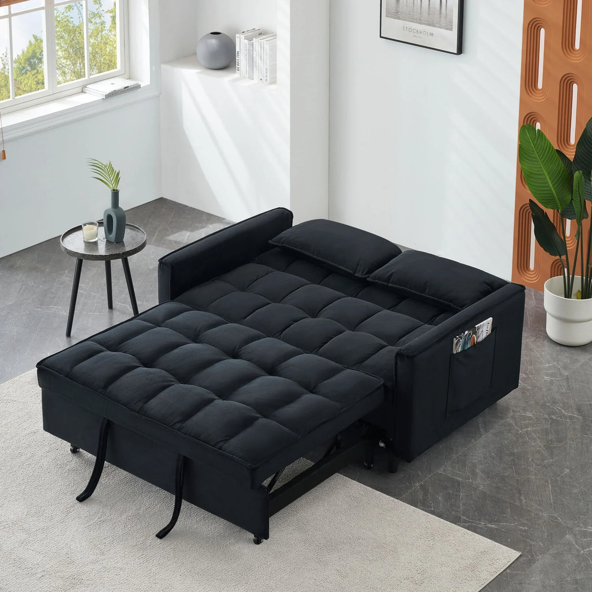 Modern Velvet Sofa, Sofa Pull-Out Bed, Small Love Seat Casual Sofa With Back, With Pillow, Pockets, Living Room Furniture, 3 In 1 Convertible Sleep Sofa Bed - Furniture Home Direct