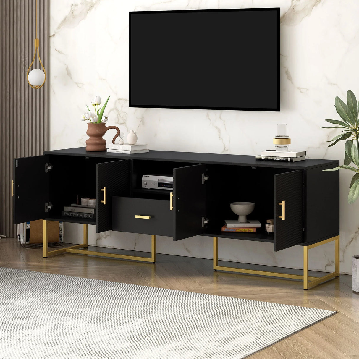 TV Cabinet With 1 Drawer, 2 Cabinets, Handles And Anti-Tip Device - Furniture Home Direct
