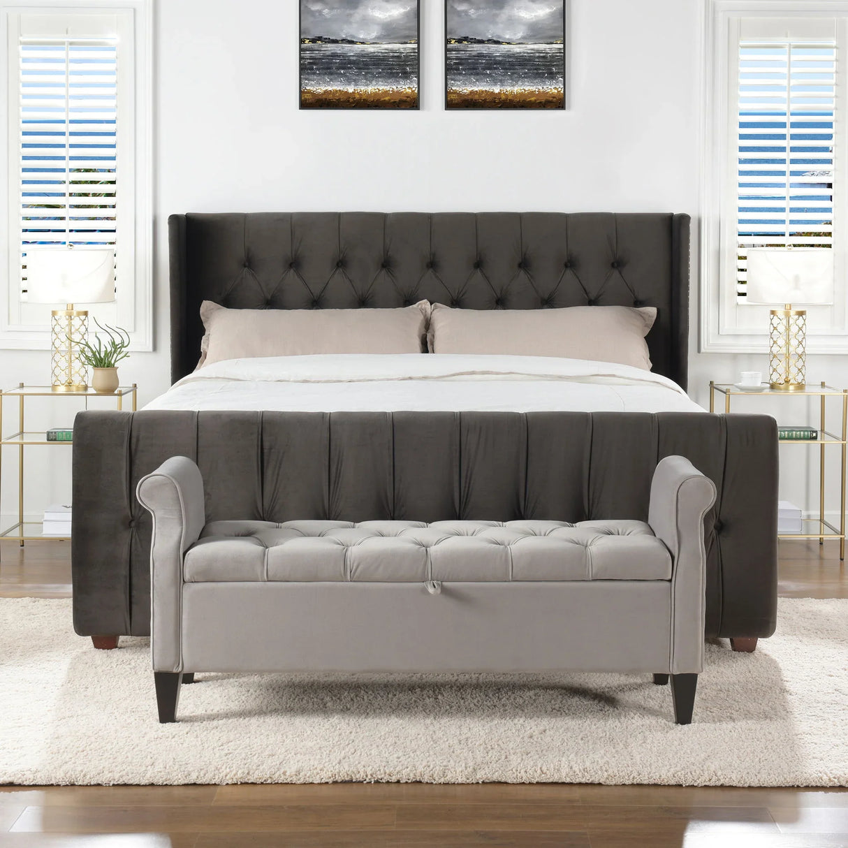 David - King Tufted Wingback Bed - Dark Charcoal Gray - Furniture Home Direct