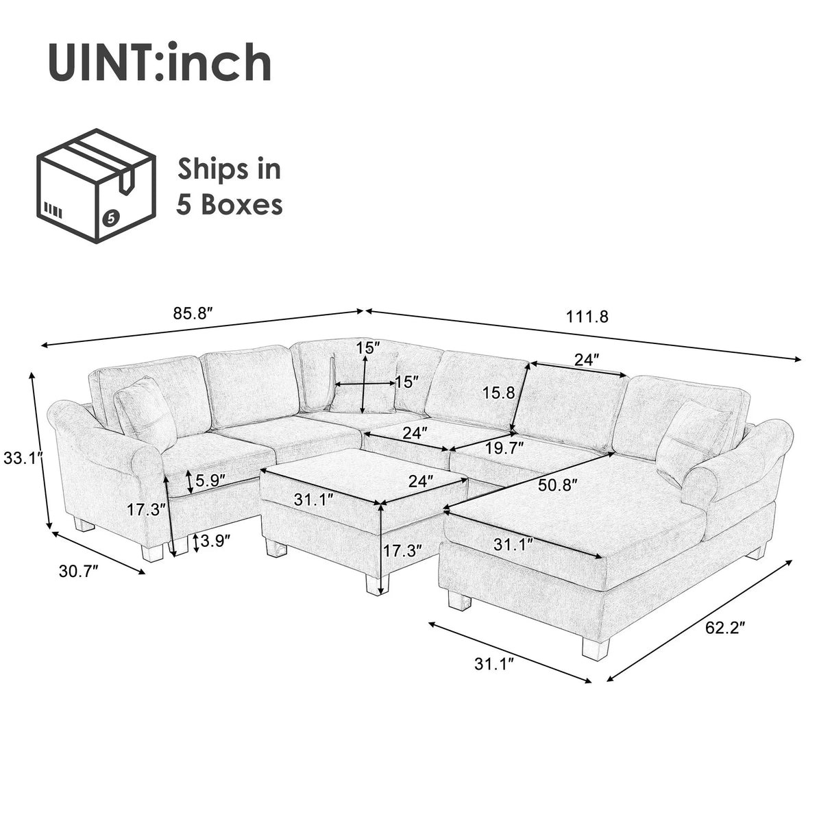 Contemporary U - Shaped Sectional Sofa With Movable Storage Ottoman - Furniture Home Direct
