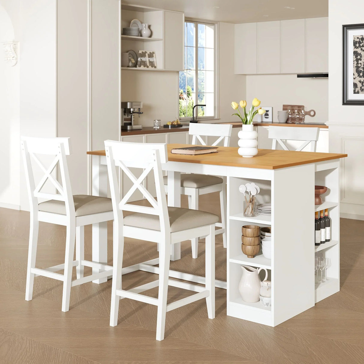 Solid Wood Farmhouse Counter Height Dining Table Set With 3 Tier Storage Shelves - Furniture Home Direct