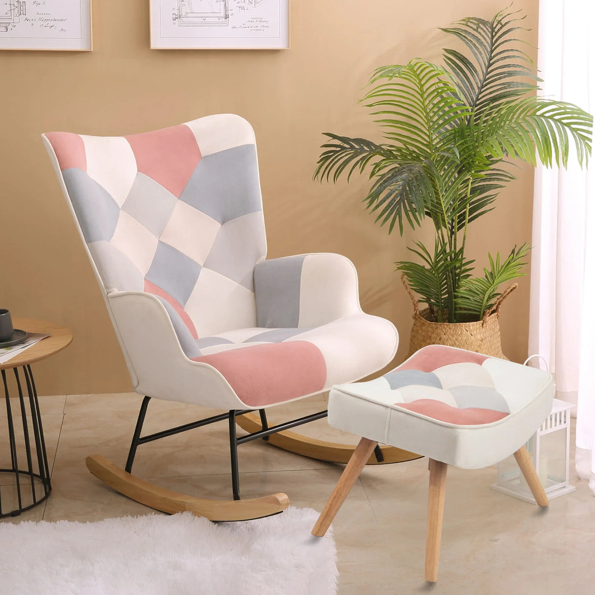 Mid Century Rocking Chair With Ottoman Patchwork Linen Wood Legs Design Living Room And Bedroom - Colorful - Furniture Home Direct