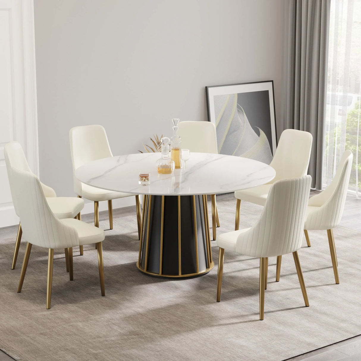 59.05" Modern Artificial Stone Round Panel Metal Iron Base Dining Table, Can Accommodate 8 People, (Not Including Chairs) - White / Black - Furniture Home Direct