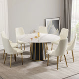 59.05" Modern Artificial Stone Round Panel Metal Iron Base Dining Table, Can Accommodate 8 People, (Not Including Chairs) - White / Black - Furniture Home Direct