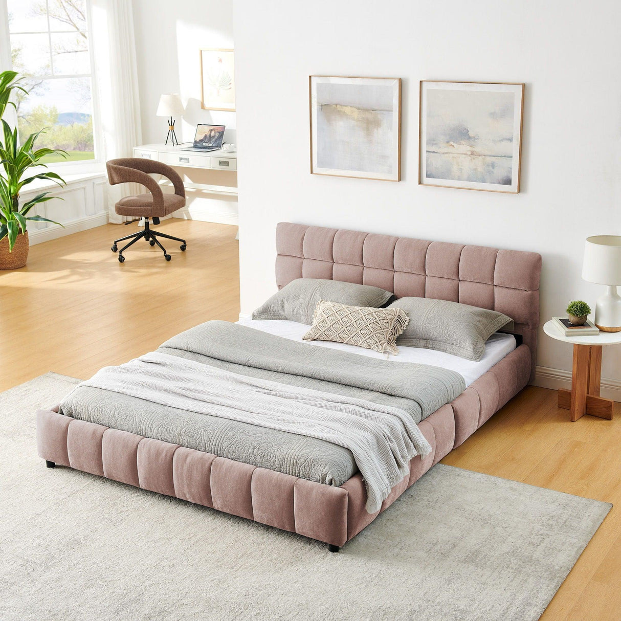 Modern Platform Bed Frame With Thick Chenille Fabric - Furniture Home Direct