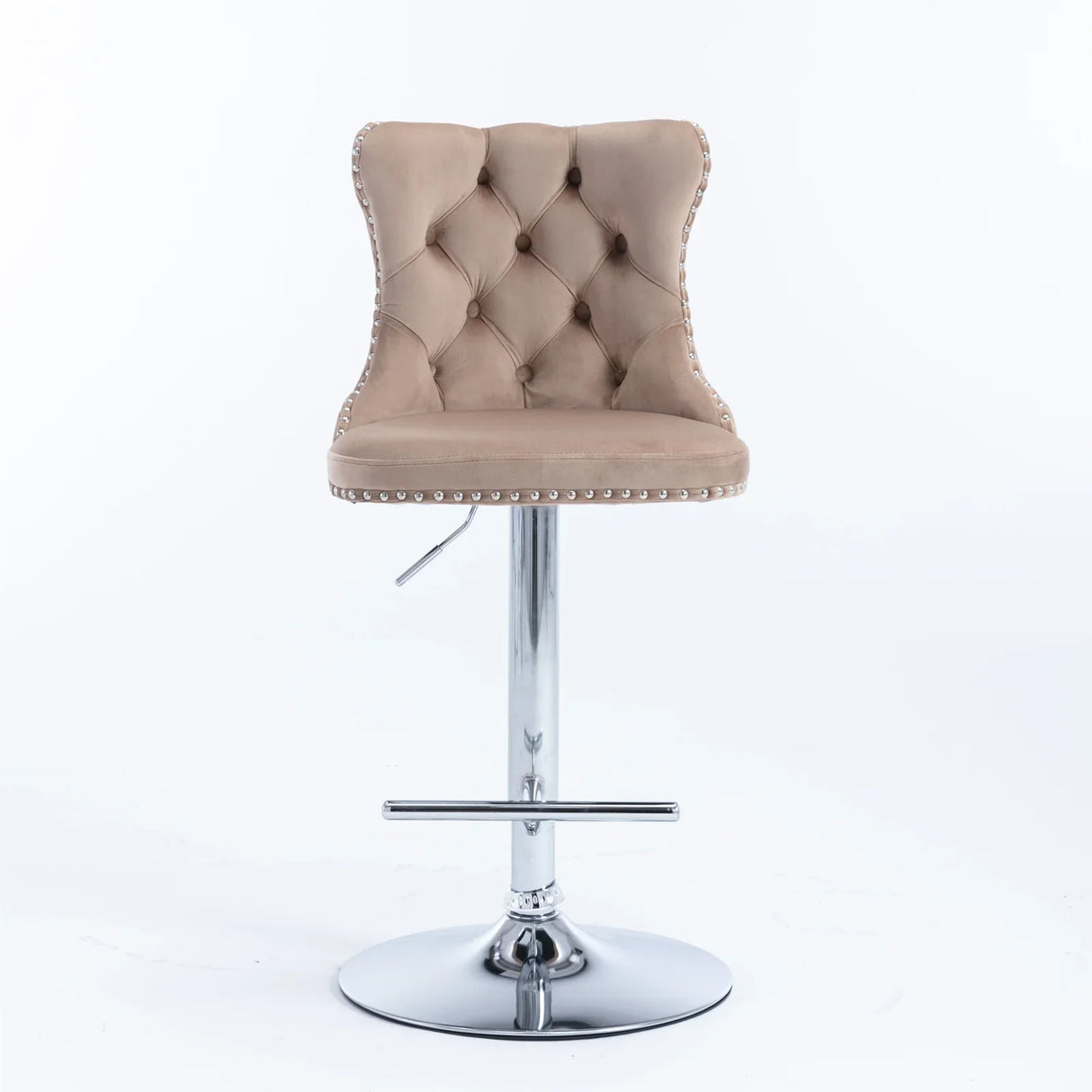 Bar Stool Set Swivel Tufted Velvet Chrome Base Khaki - Furniture Home Direct