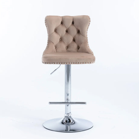 Bar Stool Set Swivel Tufted Velvet Chrome Base Khaki - Furniture Home Direct