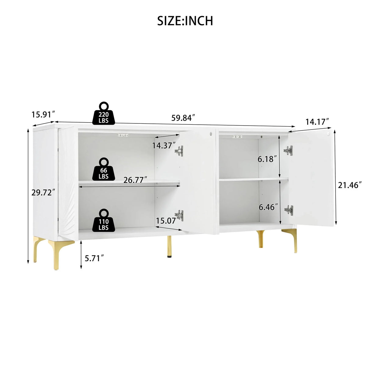 Modern Sideboard Buffet Cabinet With Handleless Press To Open Design With 4 Doors - Furniture Home Direct