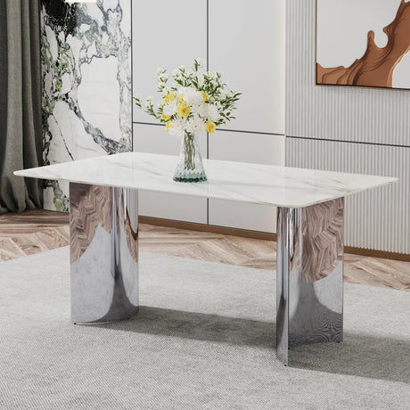 Dining Table Modern Faux Marble Top Chrome Base White - Furniture Home Direct