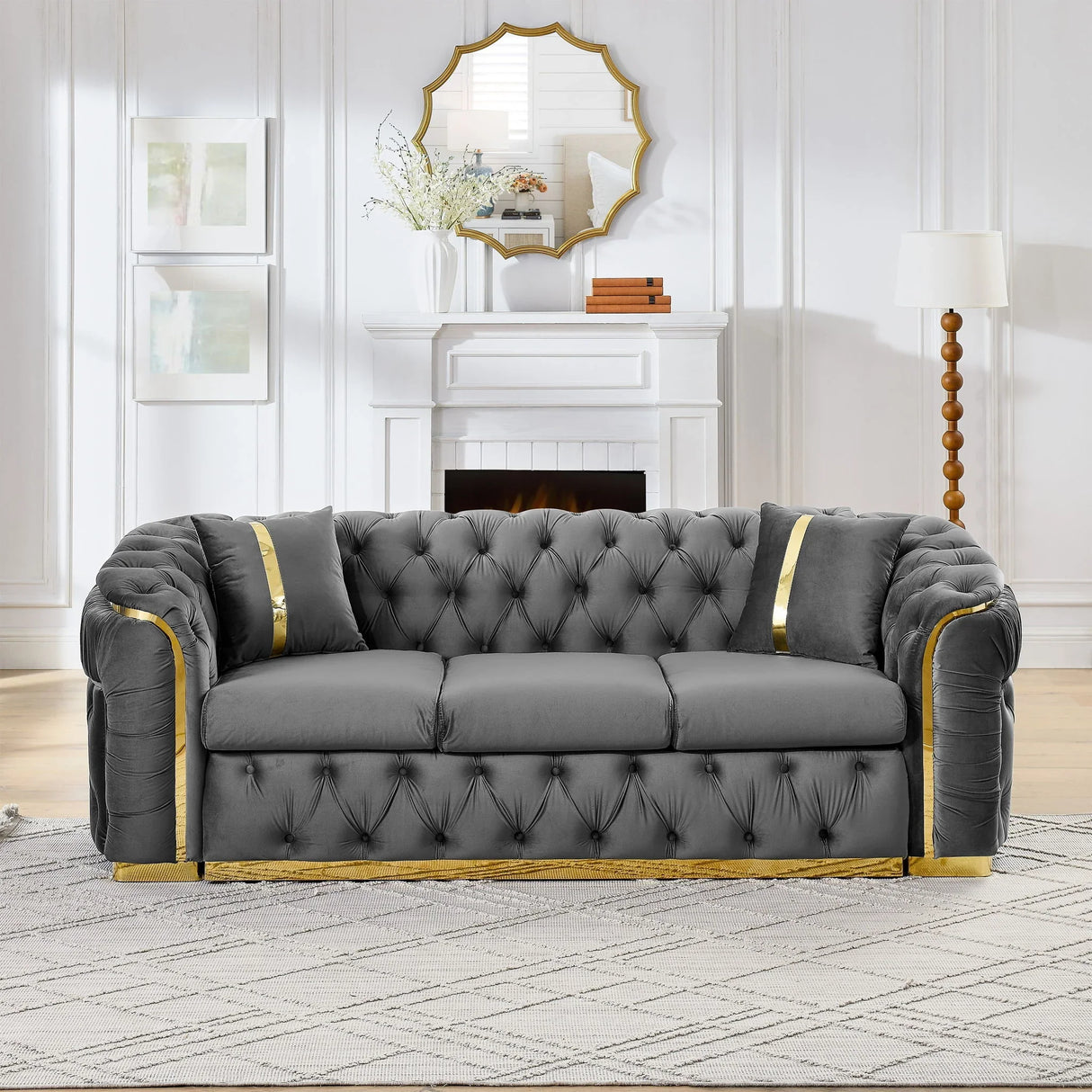 Button Tufted Couch With 2 Pillows, 3 Seater Luxury Chesterfield Sofa - Furniture Home Direct