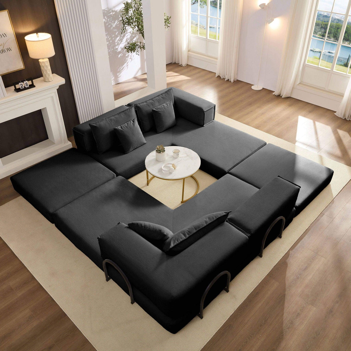 Modular L Shaped Floor Living Room Sofa Set With 6 Pillows - Furniture Home Direct