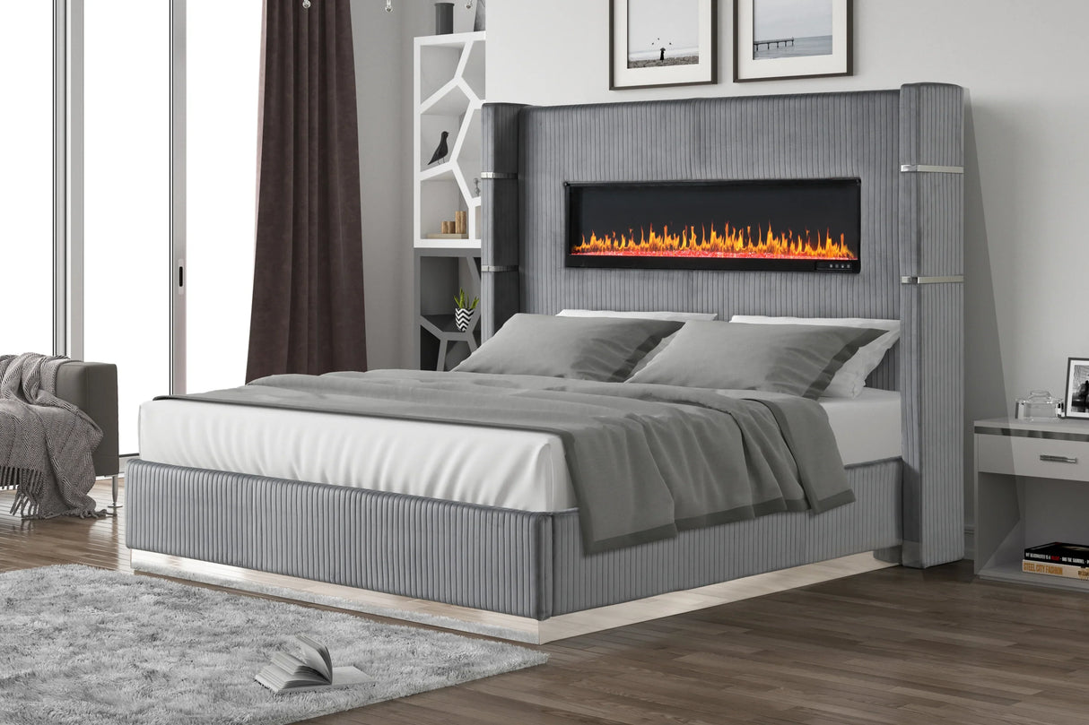 Queen Bed Upholstered With Fireplace LED Velvet Gray - Furniture Home Direct