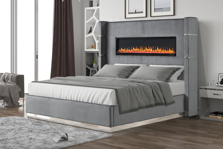 Queen Bed Upholstered With Fireplace LED Velvet Gray - Furniture Home Direct