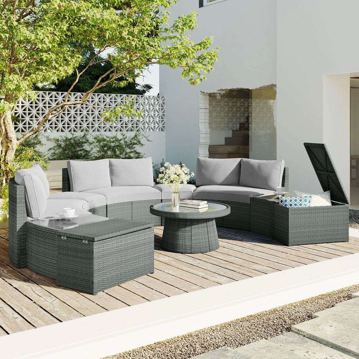 10 Piece Outdoor Sectional Half Round Patio Rattan Sofa Set - Furniture Home Direct