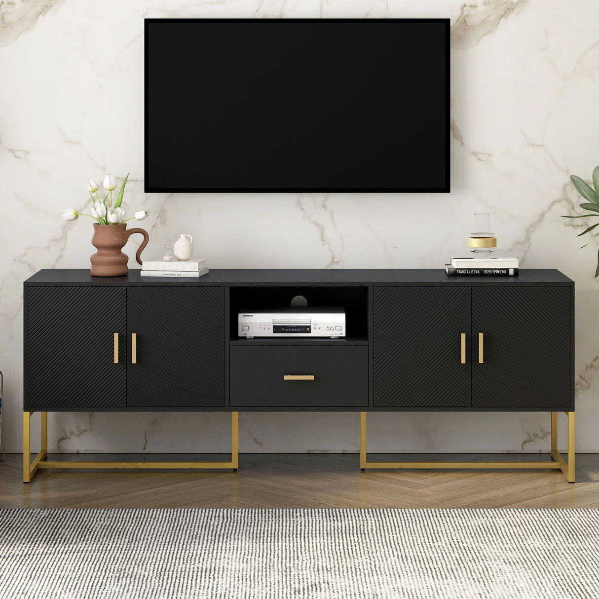 TV Cabinet With 1 Drawer, 2 Cabinets, Handles And Anti-Tip Device - Furniture Home Direct