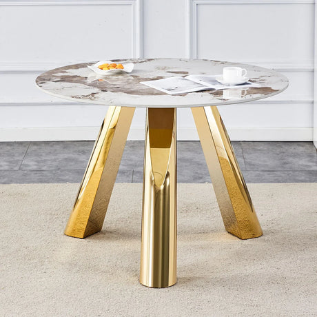 Marble Grained Stone Round Table Three - Legged Round Table With Stainless Steel Plated Legs Natural Healthy And Environmentally Friendly Round Table - Furniture Home Direct