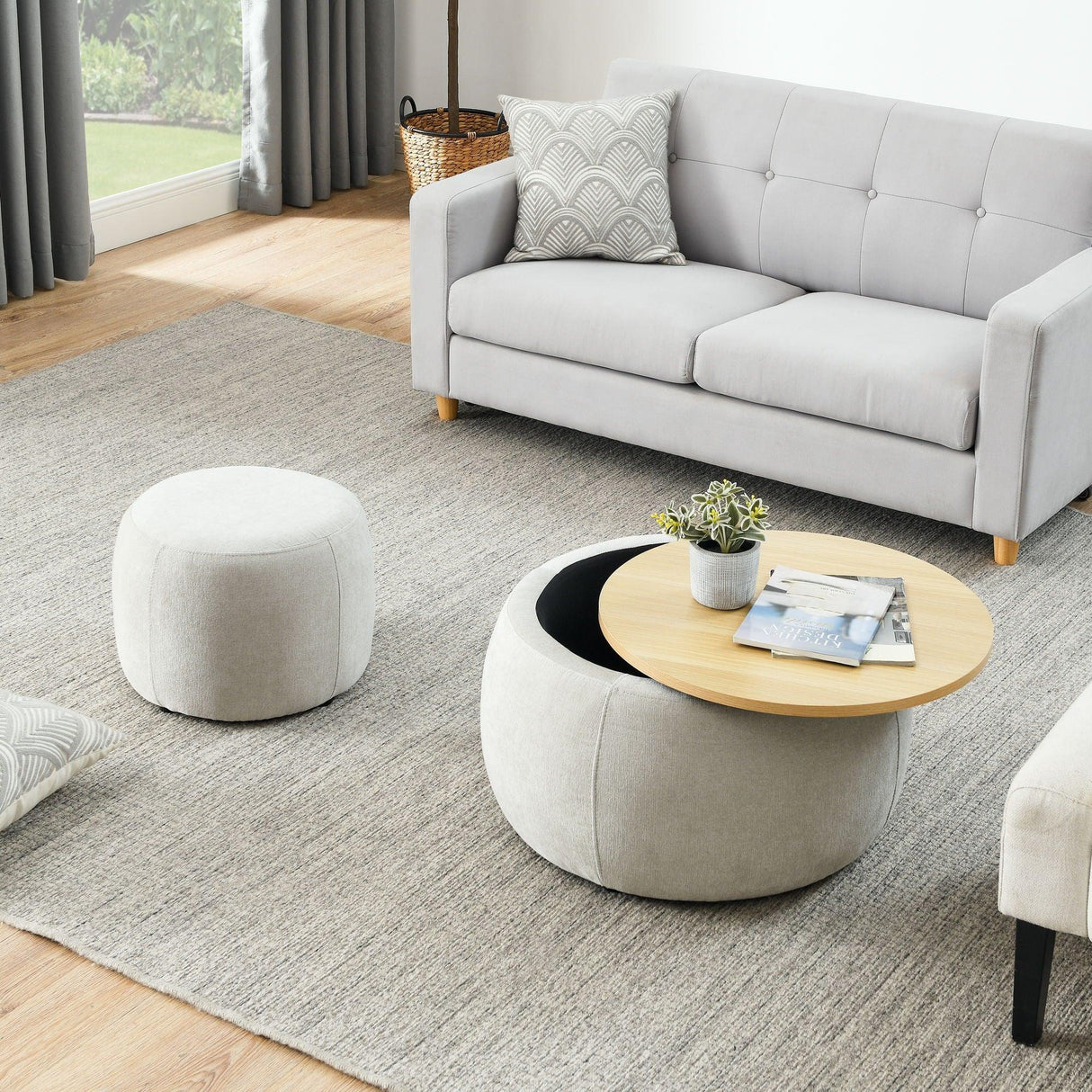 Round Storage Ottoman, 2 In 1 Function, End Table And Ottoman - Furniture Home Direct