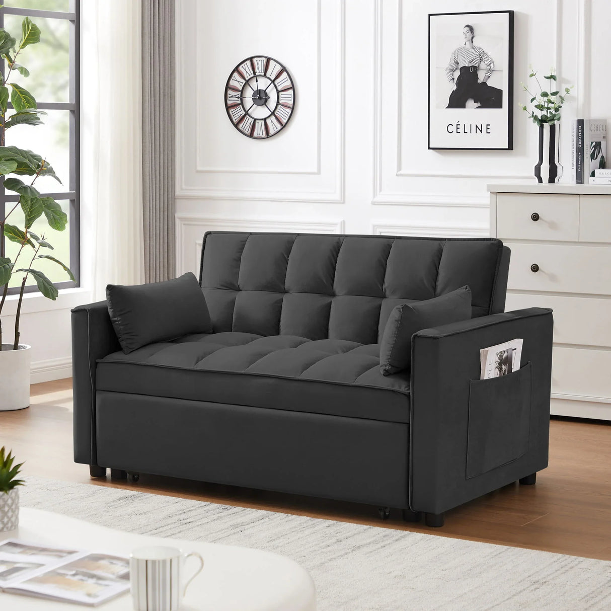 Modern Velvet Convertible Loveseat Futon Sofa With Pullout Bed, Reclining Backrest - Furniture Home Direct
