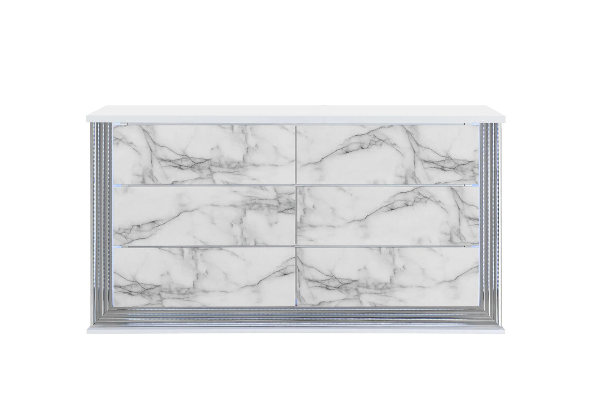 Moon 5 Piece White Marble King Bedroom Set(Inludes King Bed,Dresser,Mirror,Nightstand,Chest) - Furniture Home Direct