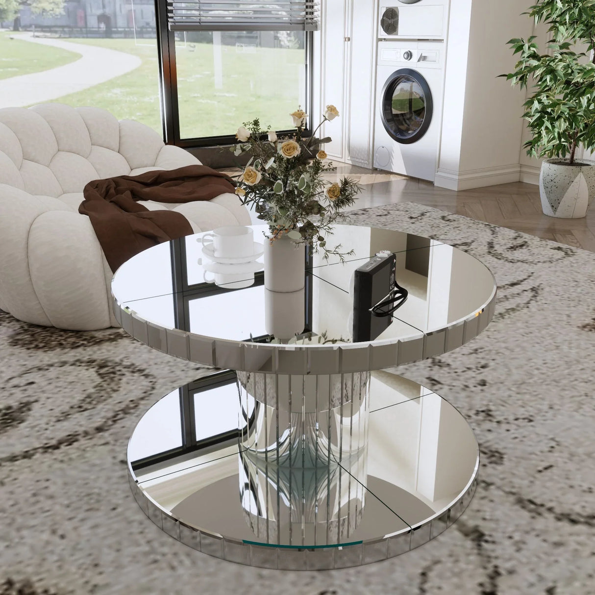 Luxury Double Tier Round Mirror Coffee & End Table With Fluted Glass Modern Sofa Side Table - Silver / Glass - Furniture Home Direct