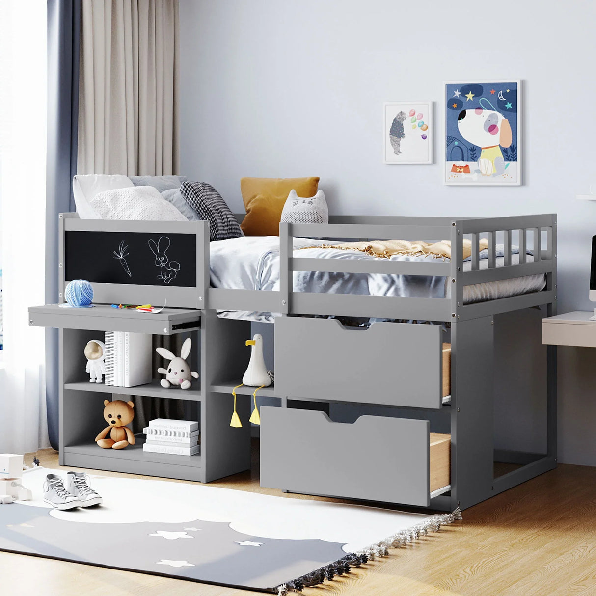 Low Loft Bed With Rolling Desk, Shelf And Drawers - Furniture Home Direct