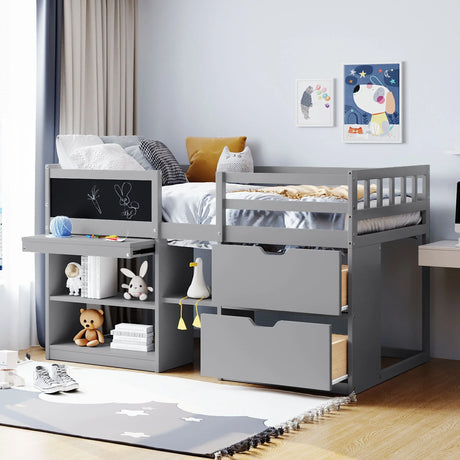 Low Loft Bed With Rolling Desk, Shelf And Drawers - Furniture Home Direct