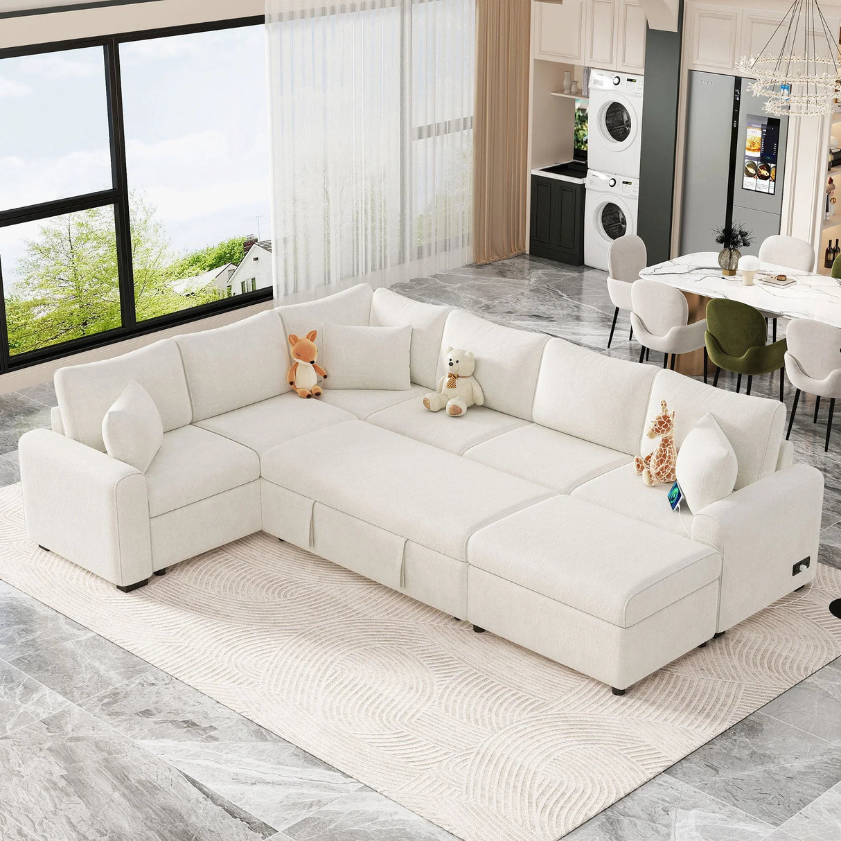 Sectional Sofa Pull-Out Sofa Bed Sleeper With A Storage Ottoman, Three Pillows And Charging Devices For Living Room - Furniture Home Direct