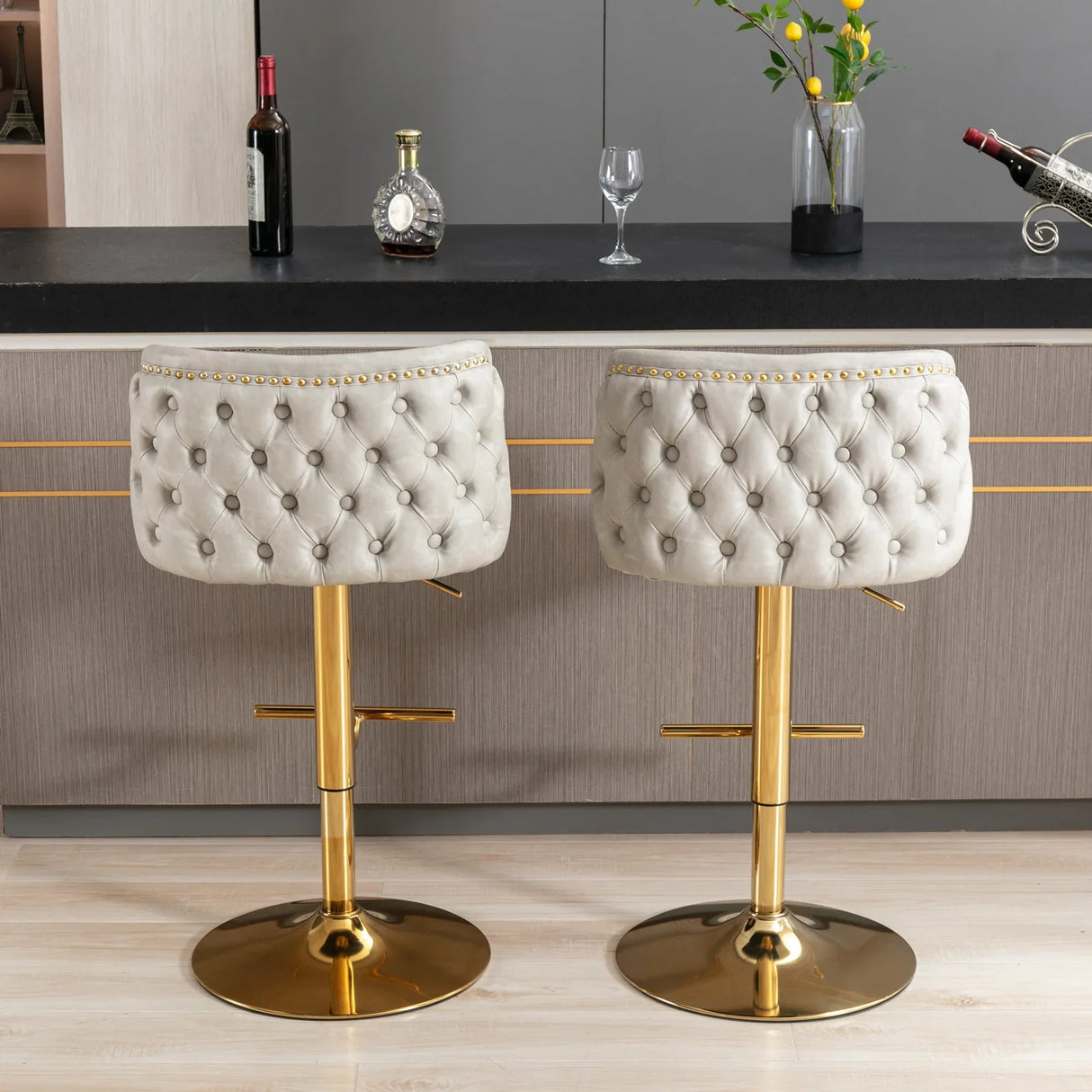 Counter Stool Set of 2 Swivel Upholstered High Back Beige - Furniture Home Direct