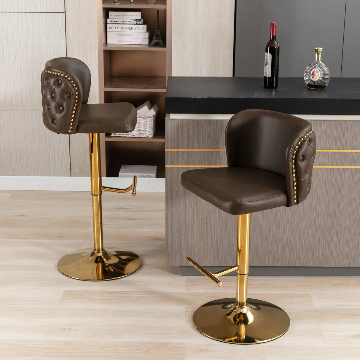 Bar Stools Swivel Tufted Faux Leather Set of 2 Brown - Furniture Home Direct