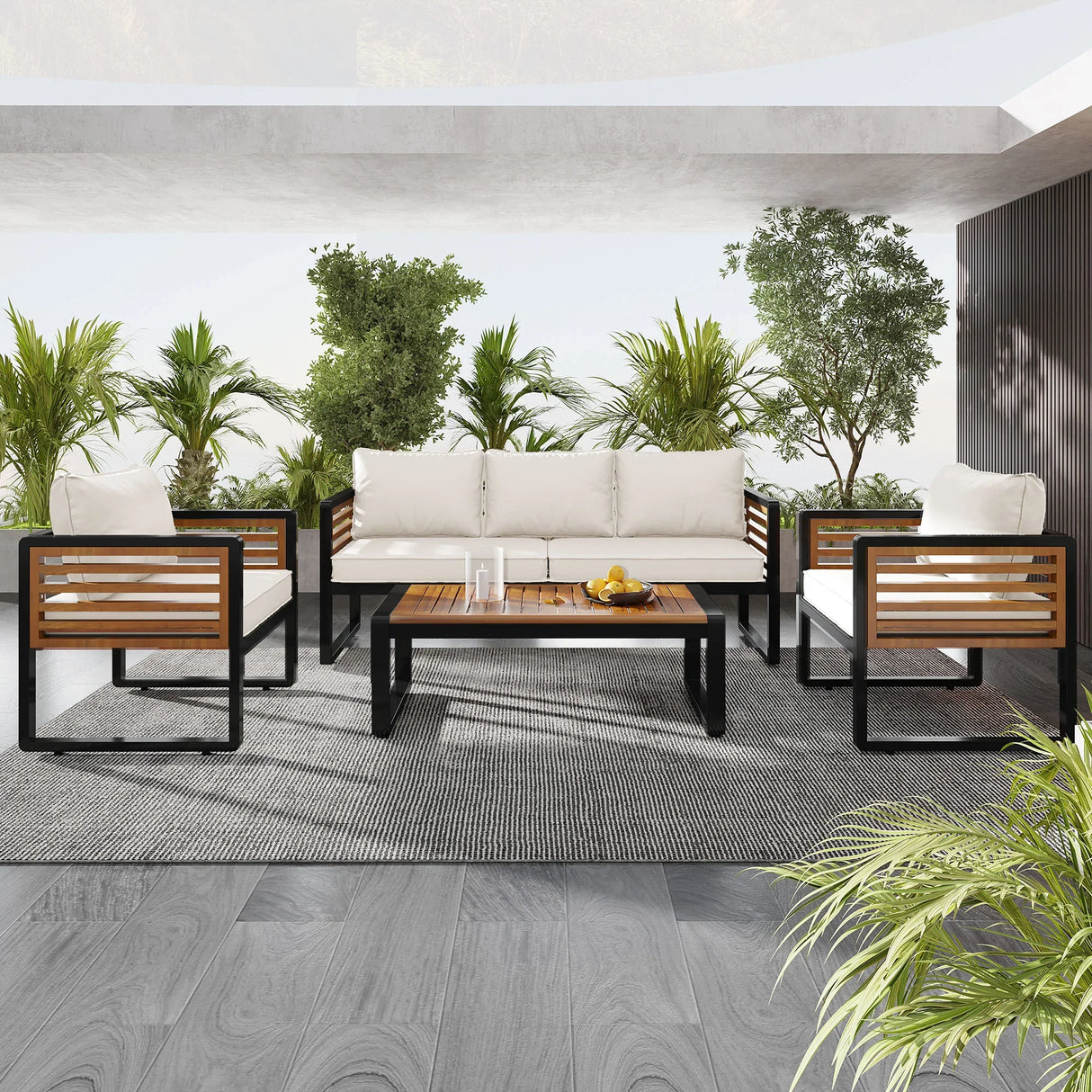 4 Piece Outdoor Conversation Set - Beige - Furniture Home Direct