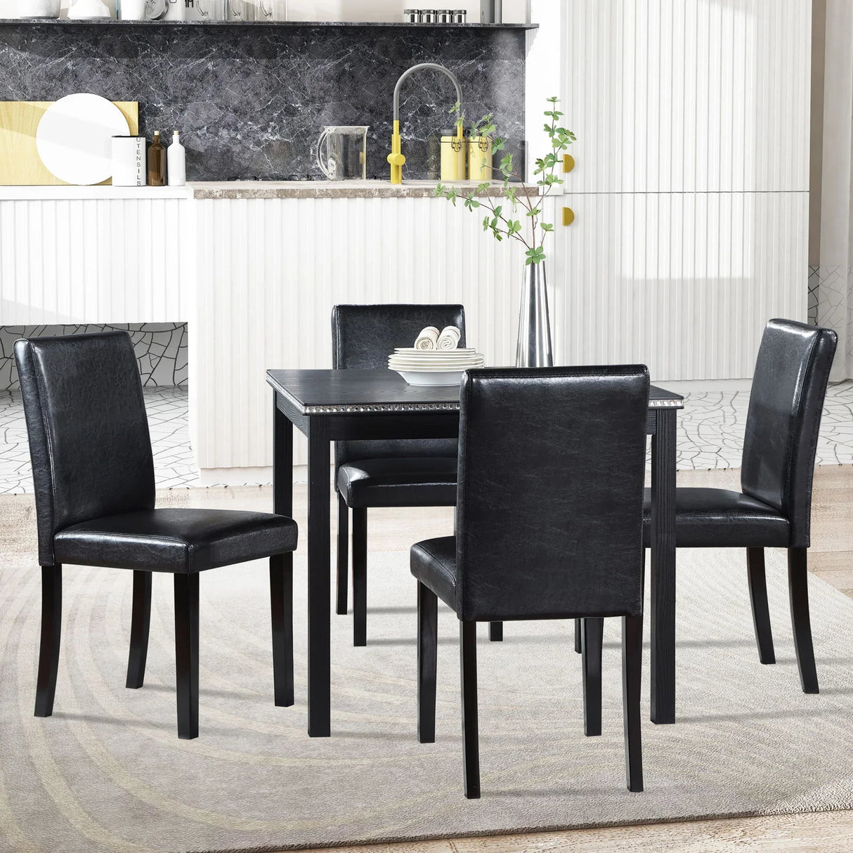 5 Pieces Wooden Dining Table Set, Square Table And 4 Upholstered Chairs - Furniture Home Direct