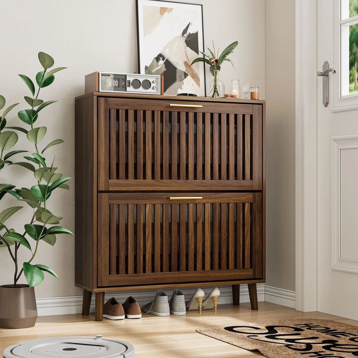 Medieval Modern Shoe Cabinet With 2 Flip Drawers And Fence Design - Furniture Home Direct