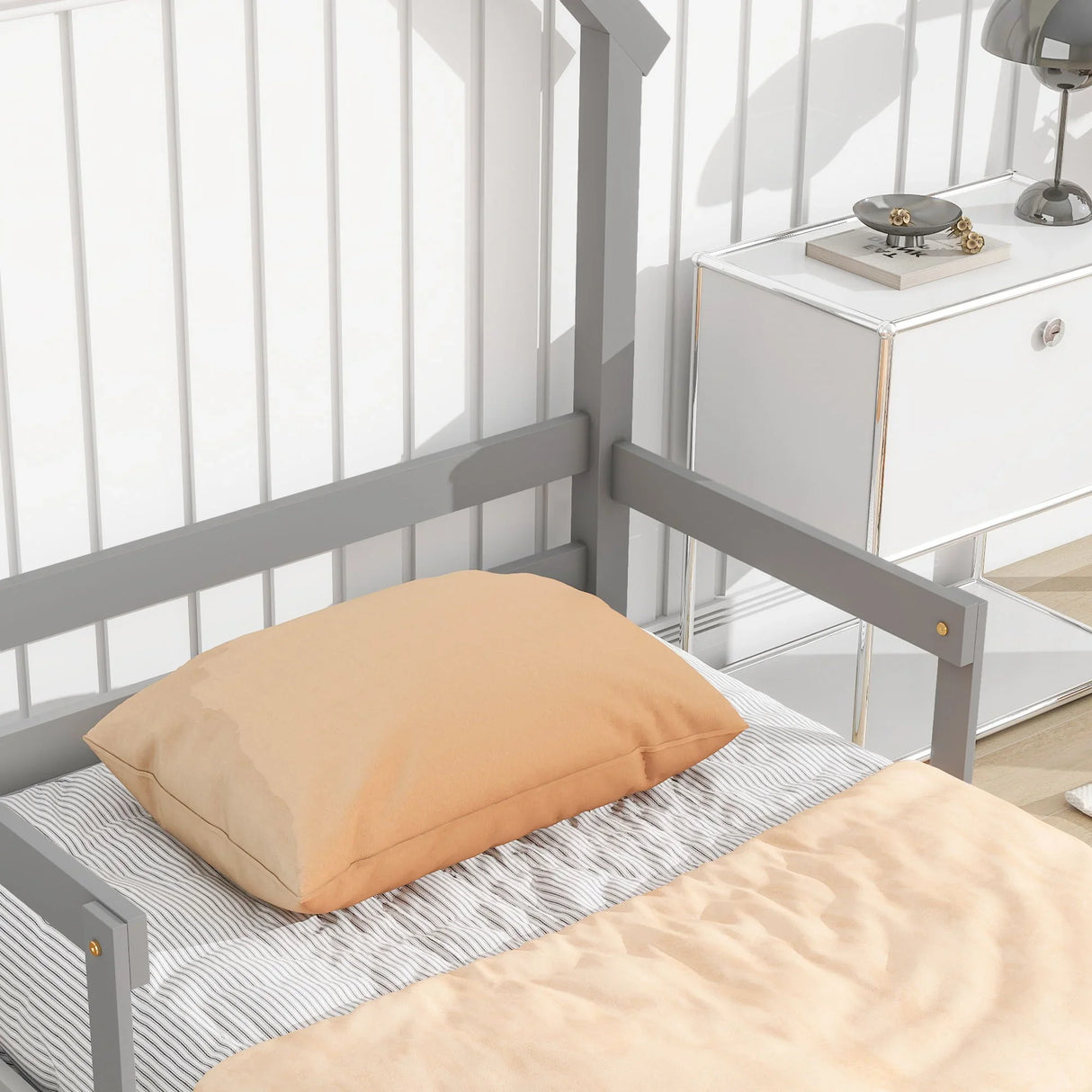 Twin House-Shaped Headboard Floor Bed With Handrails, Slats - Furniture Home Direct