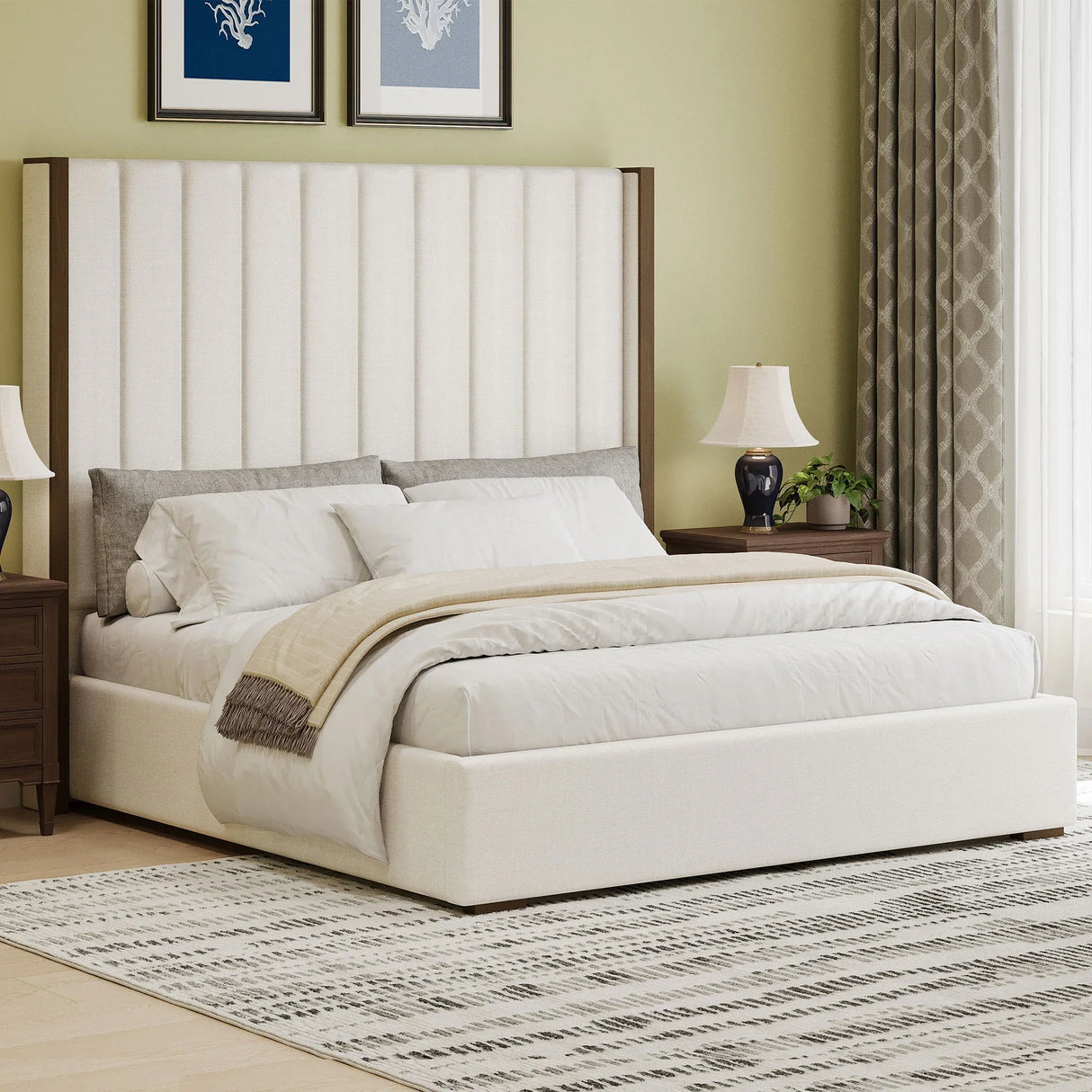 Tall Headboard Upholstered Bed With Vertical Striped And Wingback Design, Box Spring Needed - Furniture Home Direct