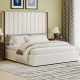 Tall Headboard Upholstered Bed With Vertical Striped And Wingback Design, Box Spring Needed - Furniture Home Direct