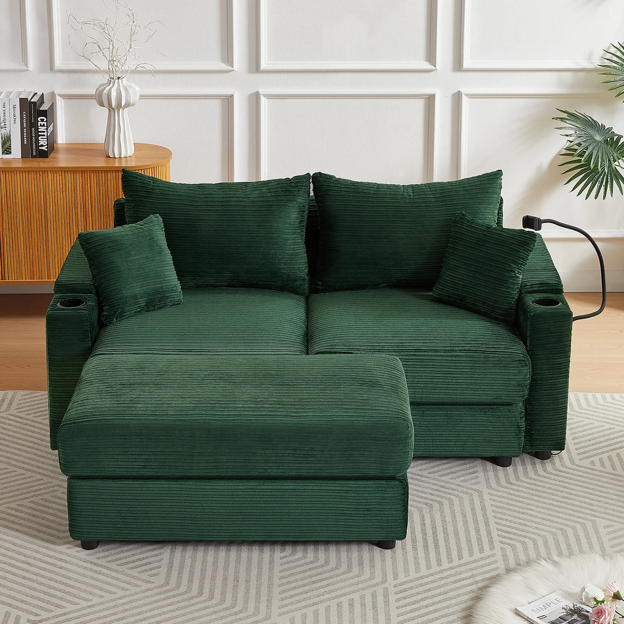 Sofa and Ottoman With Storage, Two USB Ports, Two Cup Holders and Phone Holder - Green - Furniture Home Direct