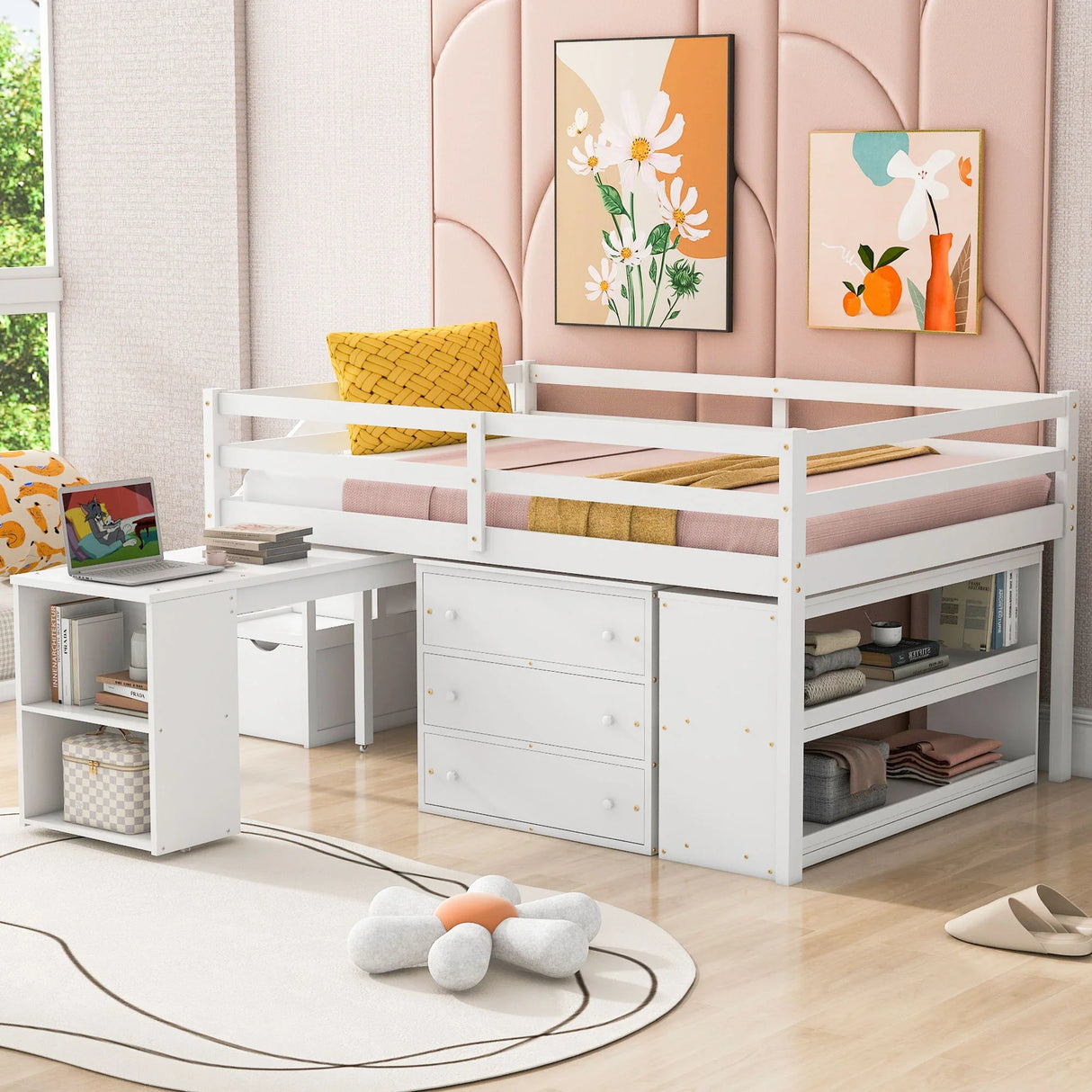 Loft Bed With Retractable Writing Desk And 3 Drawers With Storage Stairs And Shelves - Furniture Home Direct