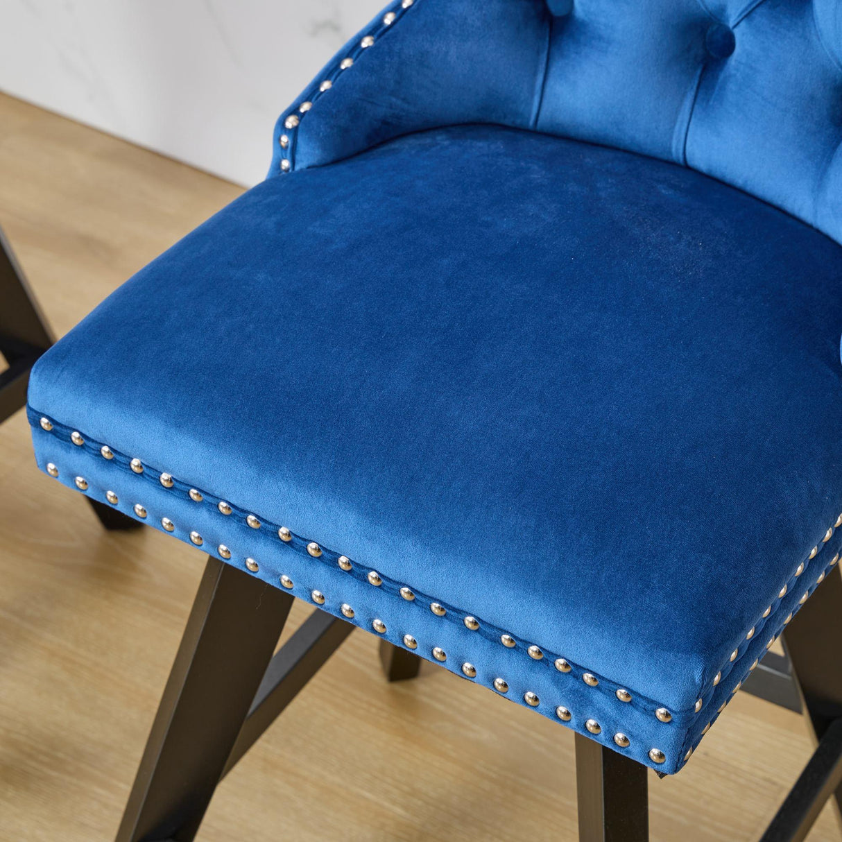 Bar Stools Swivel Velvet Tufted Nailhead Trim Set of 2 Blue - Furniture Home Direct