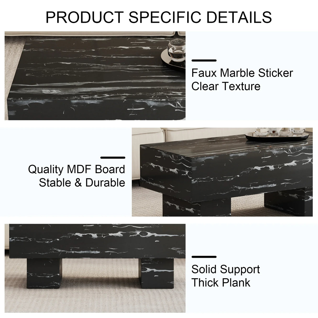 Coffee Table Modern Marble Texture With Block Base Black - Furniture Home Direct