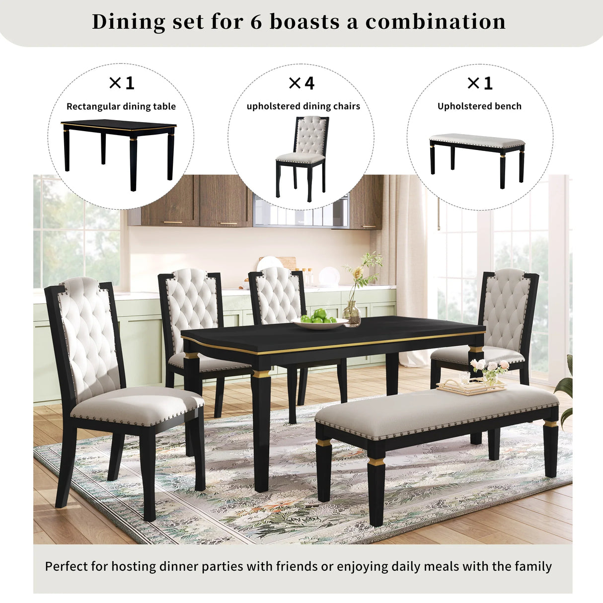 Dining Set With Tufted High Back Chairs And Bench Black - Furniture Home Direct